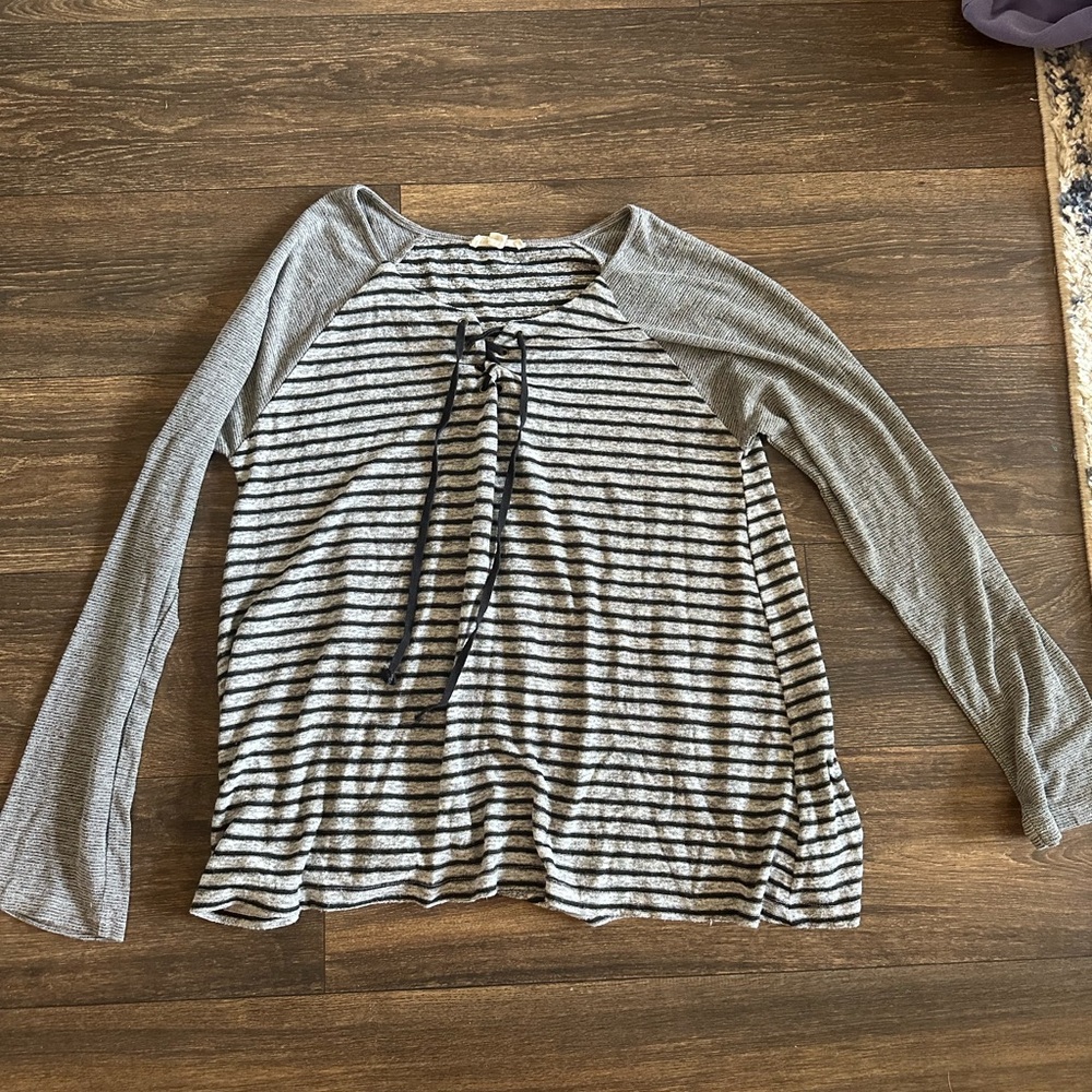 Hem & Thread grey and black striped blouse with lace-up